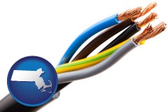 massachusetts map icon and five electric wires in an electrical cable