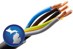 michigan map icon and five electric wires in an electrical cable