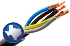 texas map icon and five electric wires in an electrical cable